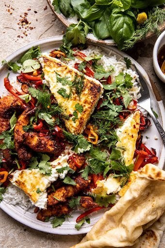 Crispy feta with lemon pepper chicken and rice