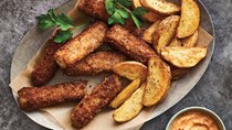 Crispy finger steaks with oven fries and paprika aïoli
