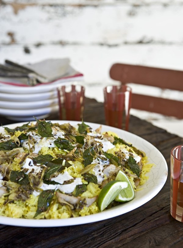 Crispy fish and rice salad with spiced yoghurt dressing