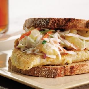 Crispy fish sandwich with pineapple slaw