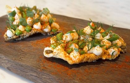 Crispy fish skin, salt cod brandade, oyster emulsion