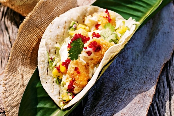 Crispy fish tacos with mango salsa
