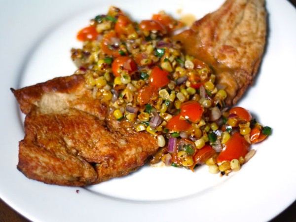Crispy fish with charred corn and sun gold salsa