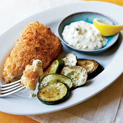 Crispy fish with lemon-dill sauce