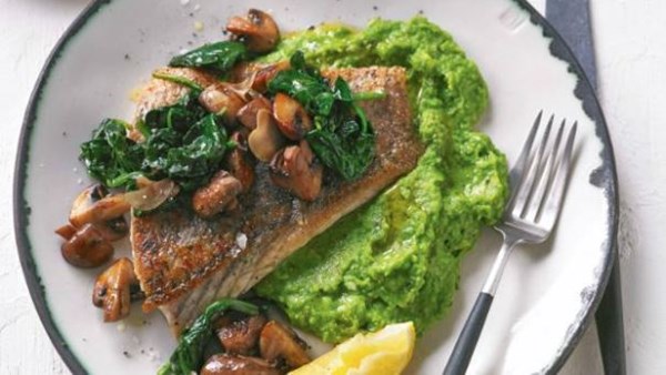 Crispy fish with minty pea puree