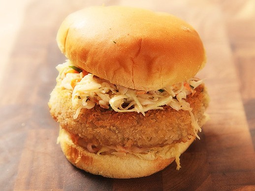 Crispy fried chickpea cake and slaw sandwiches