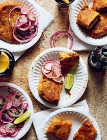 Crispy fried flatbread stuffed with spicy lamb, chilli and coriander (Keema baida roti)