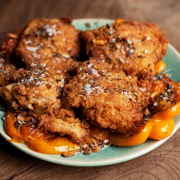 Crispy-fried kefir chicken with rosemary and garlic