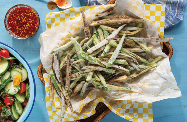 Crispy fried okra with spicy honey