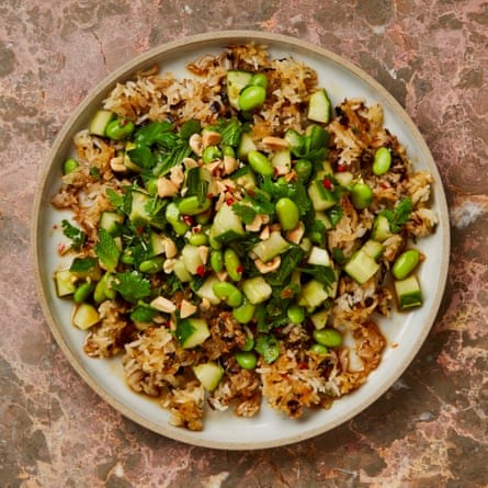 Crispy fried rice with cucumber and herb salad
