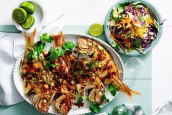 Crispy fried snapper with coconut caramel