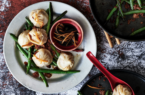 Crispy fried Xiao long bao with fried Sichuan beans
