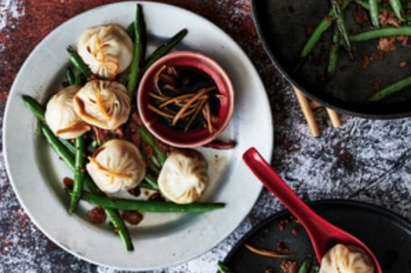 Crispy fried xiao long bao with fried Sichuan beans