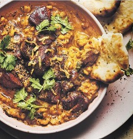 Crispy ginger lamb & tarka daal