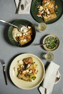 Crispy gnoatcchi w/cherry tomatoes, creamed mozzarella + mint almond relish