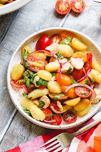 Crispy gnocchi and tomato panzanella salad