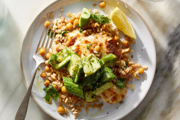 Crispy grains and halloumi with smashed cucumbers