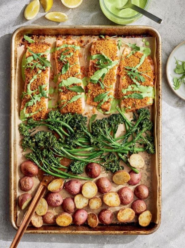 Crispy green goddess salmon with broccolini, potatoes, and arugula