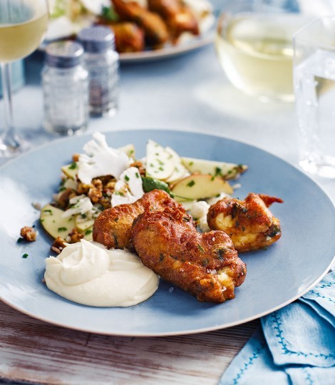 Crispy hake with cauliflower purée, apples and walnuts