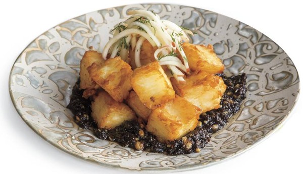 Crispy haloumi cheese with dates, walnuts, and apples