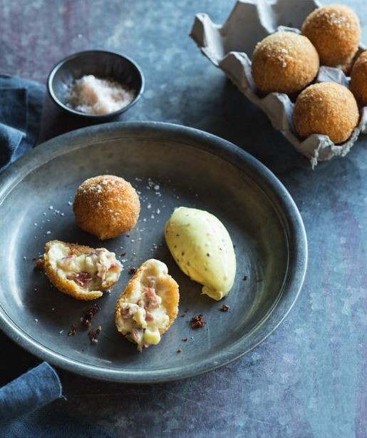Crispy ham and cheese balls with mustard crème fraîche