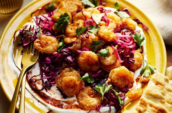Crispy harissa prawn flatbreads
