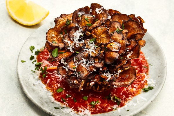 Crispy hen-of-the-woods mushrooms with marinara and Parmigiano-Reggiano
