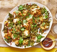 Crispy kale leave chaat with stalk pakoras & herby chutney