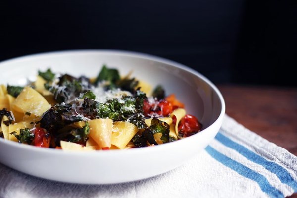 Crispy kale, roasted butternut squash & tomato pappardelle