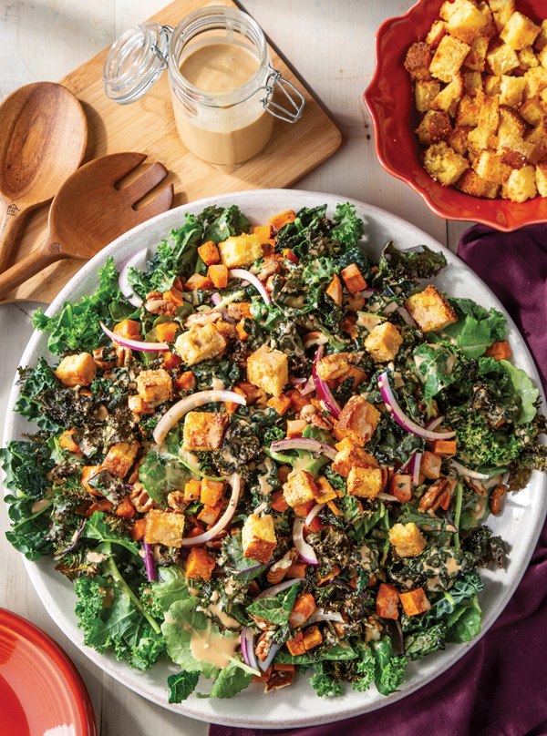 Crispy kale salad with roasted sweet potatoes