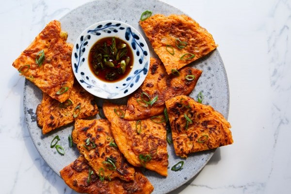 Crispy kimchi and scallion pancakes