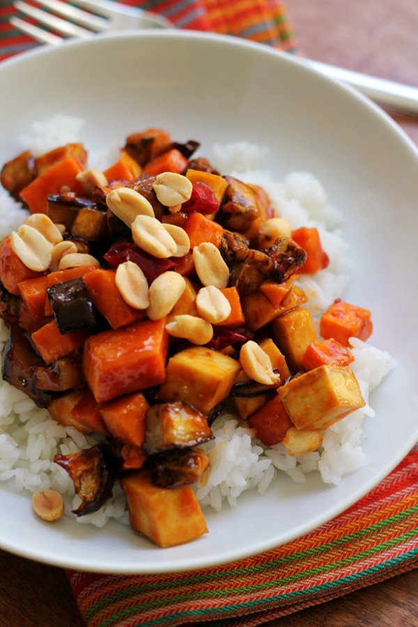 Crispy kung pao tofu and vegetable stir fry