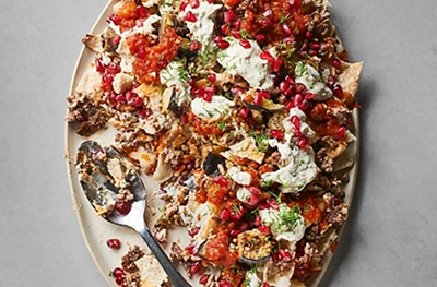 Crispy lamb & aubergine with pitta chips
