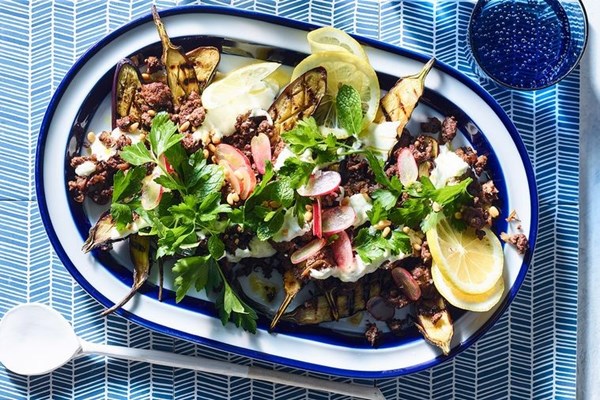 Crispy lamb mince, eggplant, tahini and yoghurt dressing