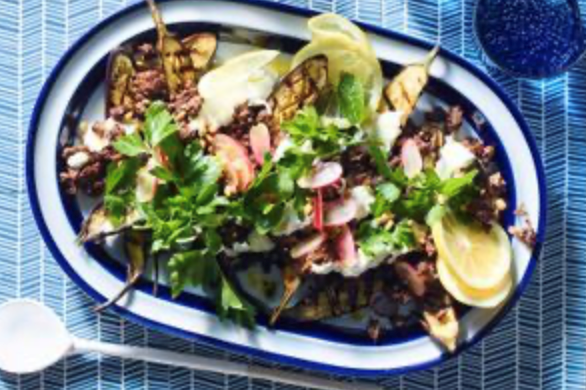 Crispy lamb mince, eggplant, tahini and yoghurt dressing