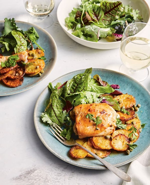 Crispy lemon chicken with potatoes, oregano, and capers 