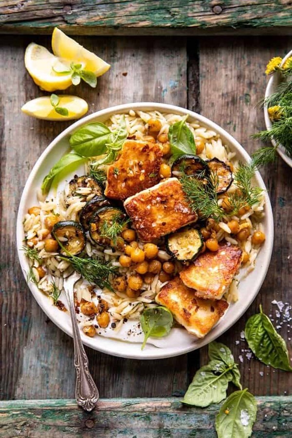 Crispy lemon feta with spiced chickpeas and basil orzo