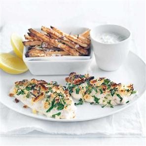 Crispy lemon fish with yogurt tartare
