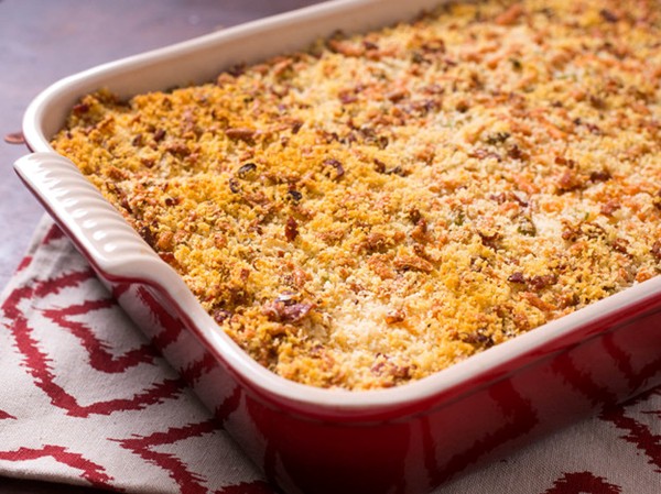 Crispy mashed potato casserole with bacon, cheese, and scallions