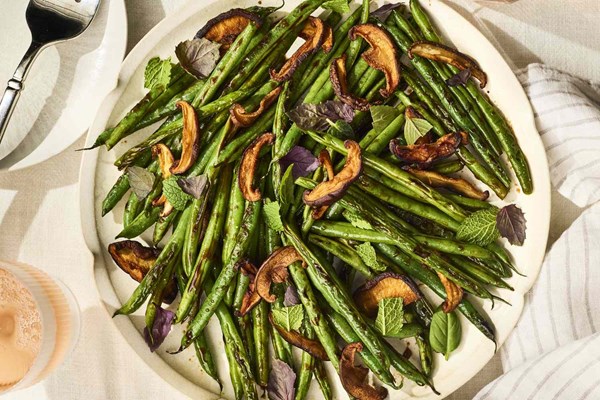 Crispy mushrooms with charred green beans