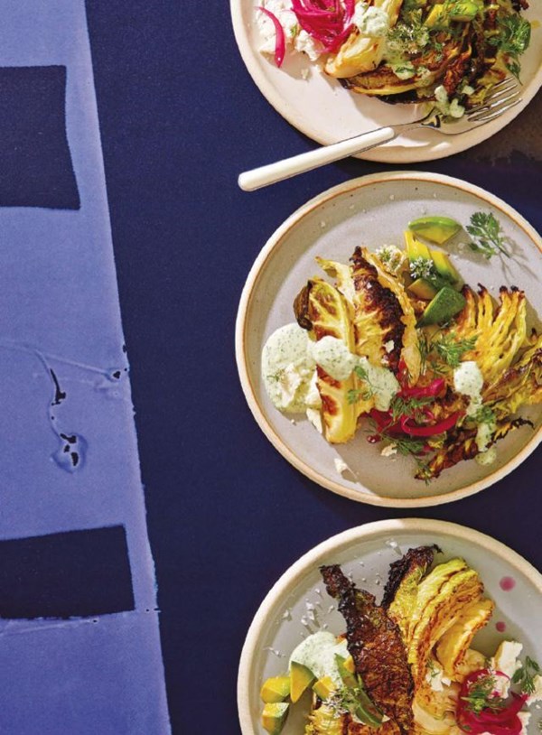 Crispy napa cabbage with cilantro-yogurt sauce, feta, and pickled red onion