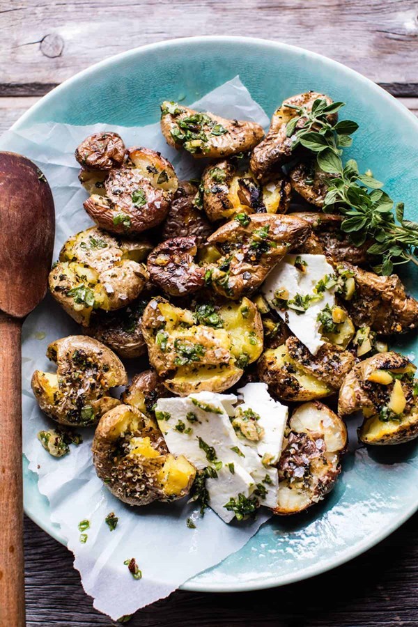 Crispy oregano smashed potatoes with feta and lemon
