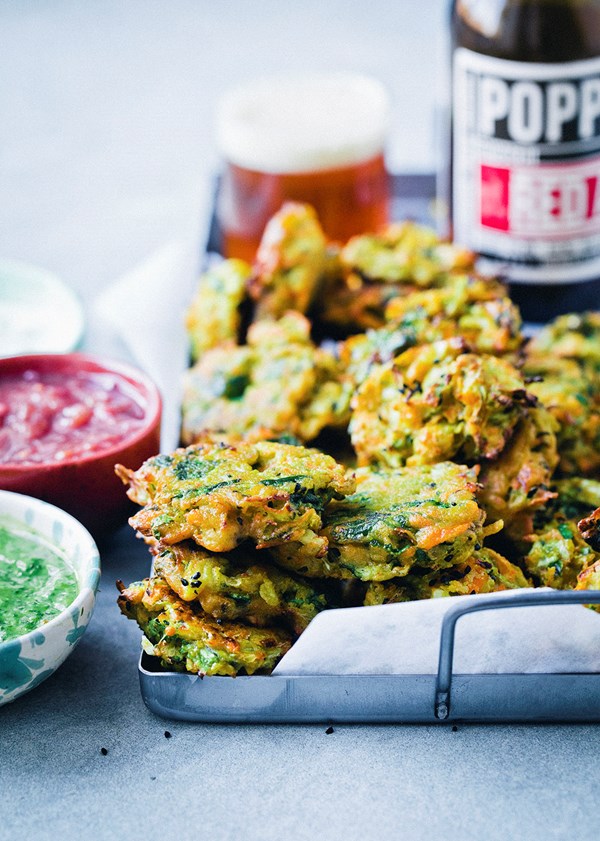 Crispy pakora with green mint sauce and rhubarb chutney