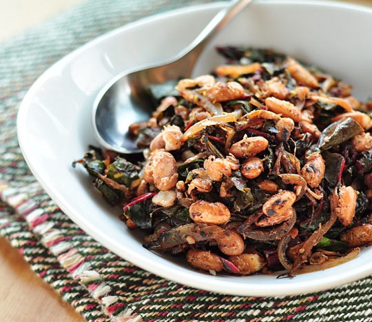 Crispy pan-fried beans with wilted greens