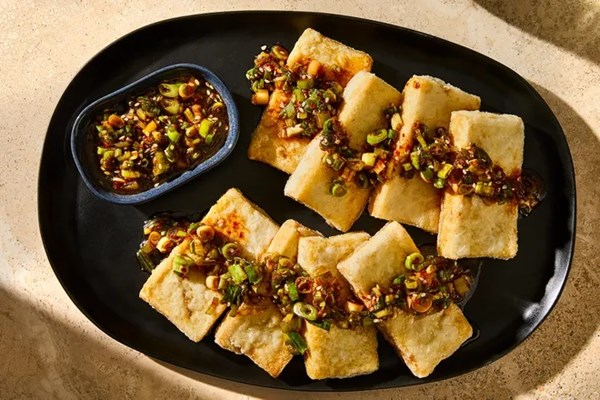 Crispy pan-fried tofu with soy-scallion sauce