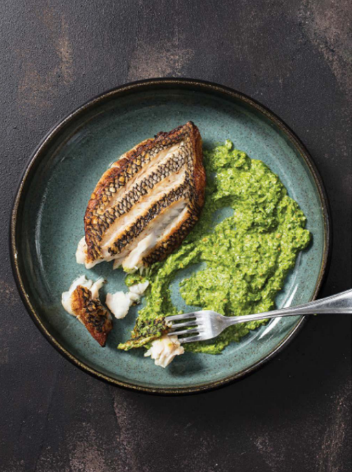 Crispy pan-seared sea bass with ramp pistou