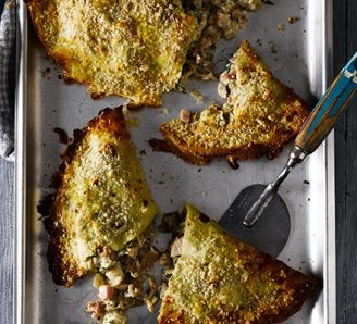 Crispy pancakes with creamy chicken and bacon