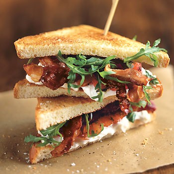 Crispy pancetta, burrata, and tomato sandwiches