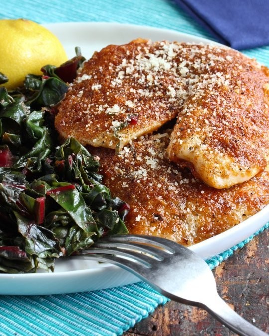 Crispy paprika-Parmesan fish fillets with sautéed chard