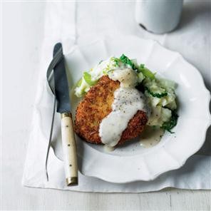 Crispy Parmesan pork with creamy cheat's colcannon